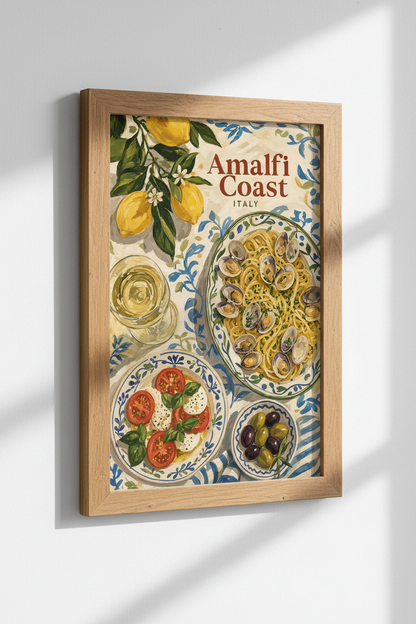 Amalfi Coast Italy Food Wall Art | Pasta &amp; Lemon Kitchen Decor | Mediterranean Poster