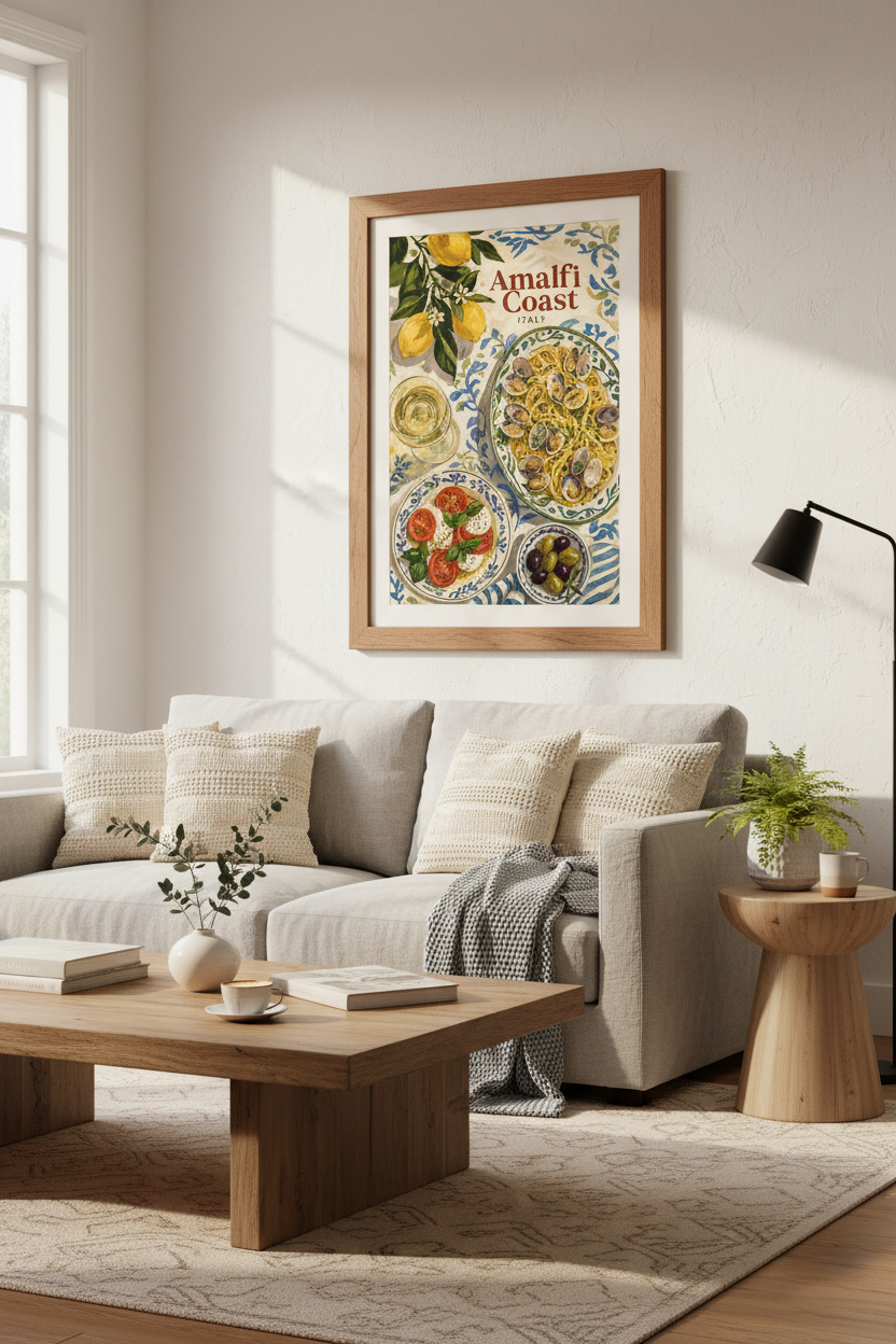 Amalfi Coast Italy Food Wall Art | Pasta &amp; Lemon Kitchen Decor | Mediterranean Poster