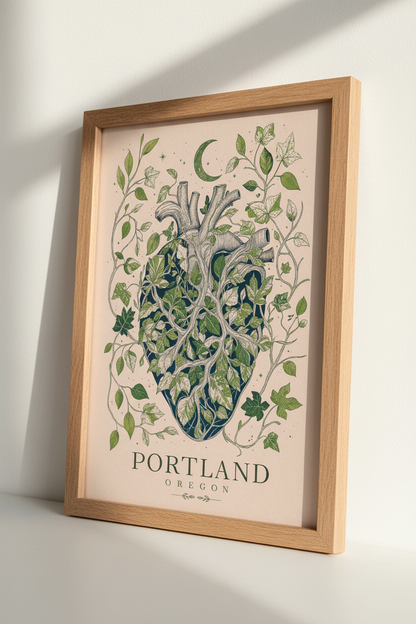 Portland Oregon Heart Wall Art | Botanical Anatomy Print, Greenery Living Room Decor