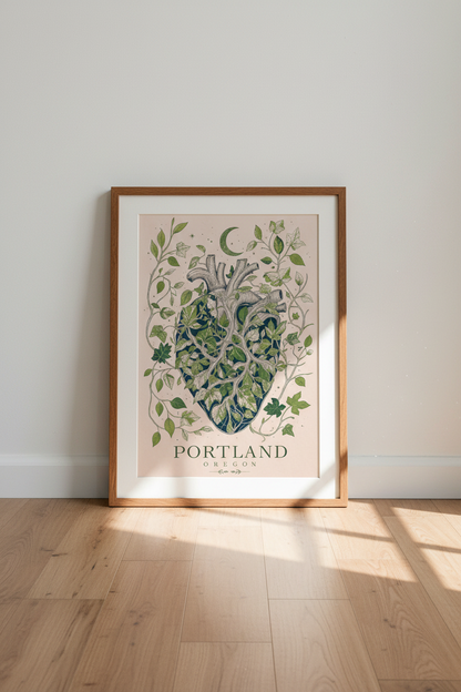 Portland Oregon Heart Wall Art | Botanical Anatomy Print, Greenery Living Room Decor