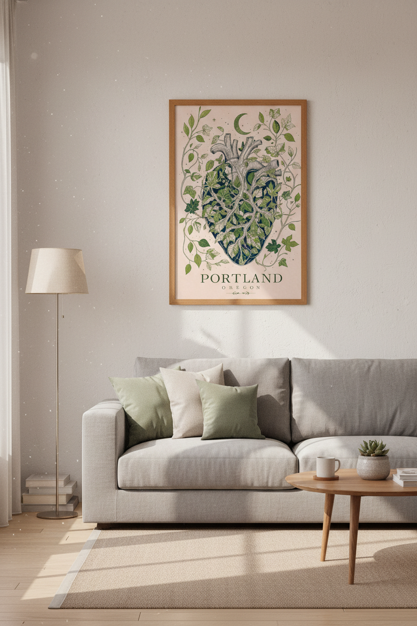 Portland Oregon Heart Wall Art | Botanical Anatomy Print, Greenery Living Room Decor