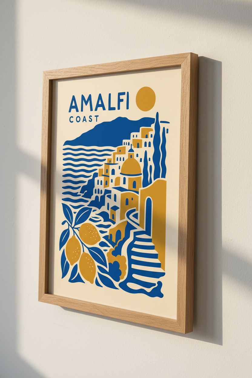Amalfi Coast Italy Travel Wall Art | Blue and Gold Minimalist Poster, Living Room Decor