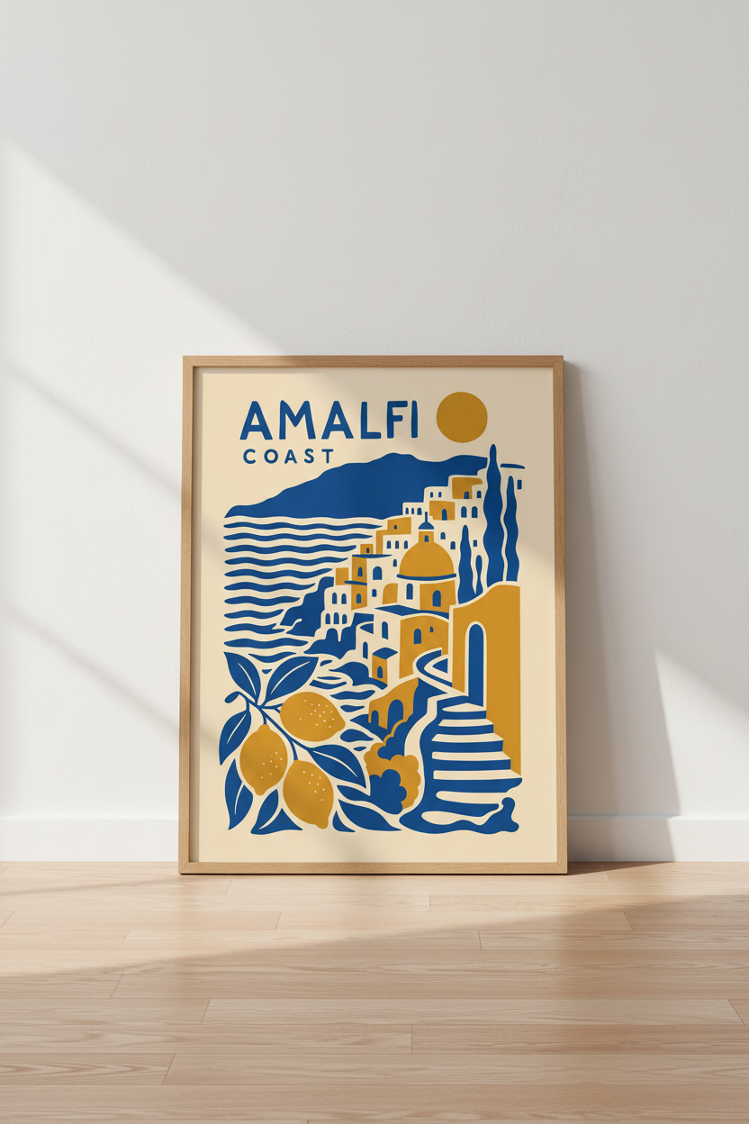 Amalfi Coast Italy Travel Wall Art | Blue and Gold Minimalist Poster, Living Room Decor