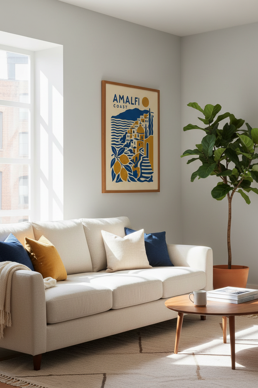 Amalfi Coast Italy Travel Wall Art | Blue and Gold Minimalist Poster, Living Room Decor