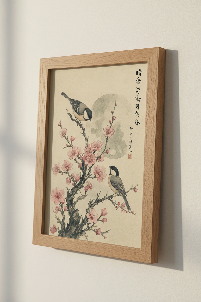 Vintage Bird &amp; Cherry Blossom Wall Art | Zen Nature Print, Living Room Decor