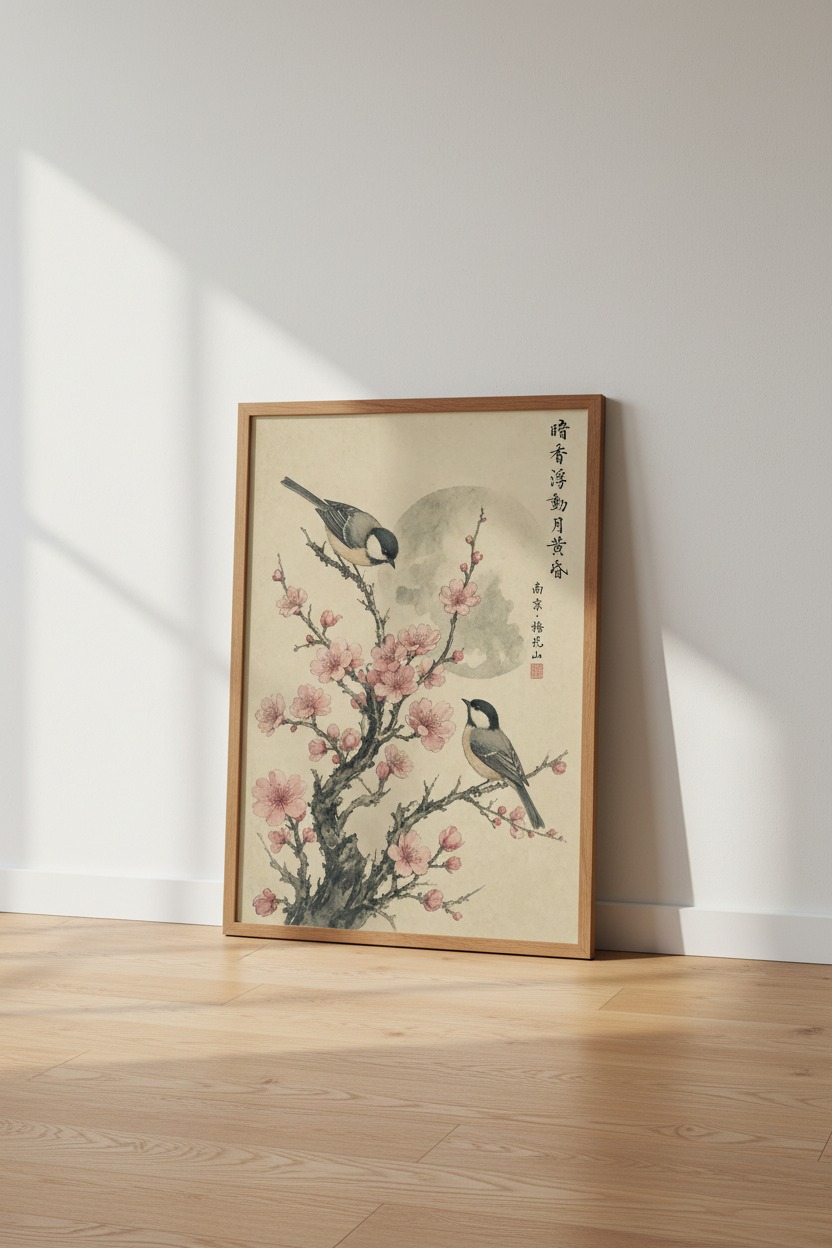 Vintage Bird &amp; Cherry Blossom Wall Art | Zen Nature Print, Living Room Decor