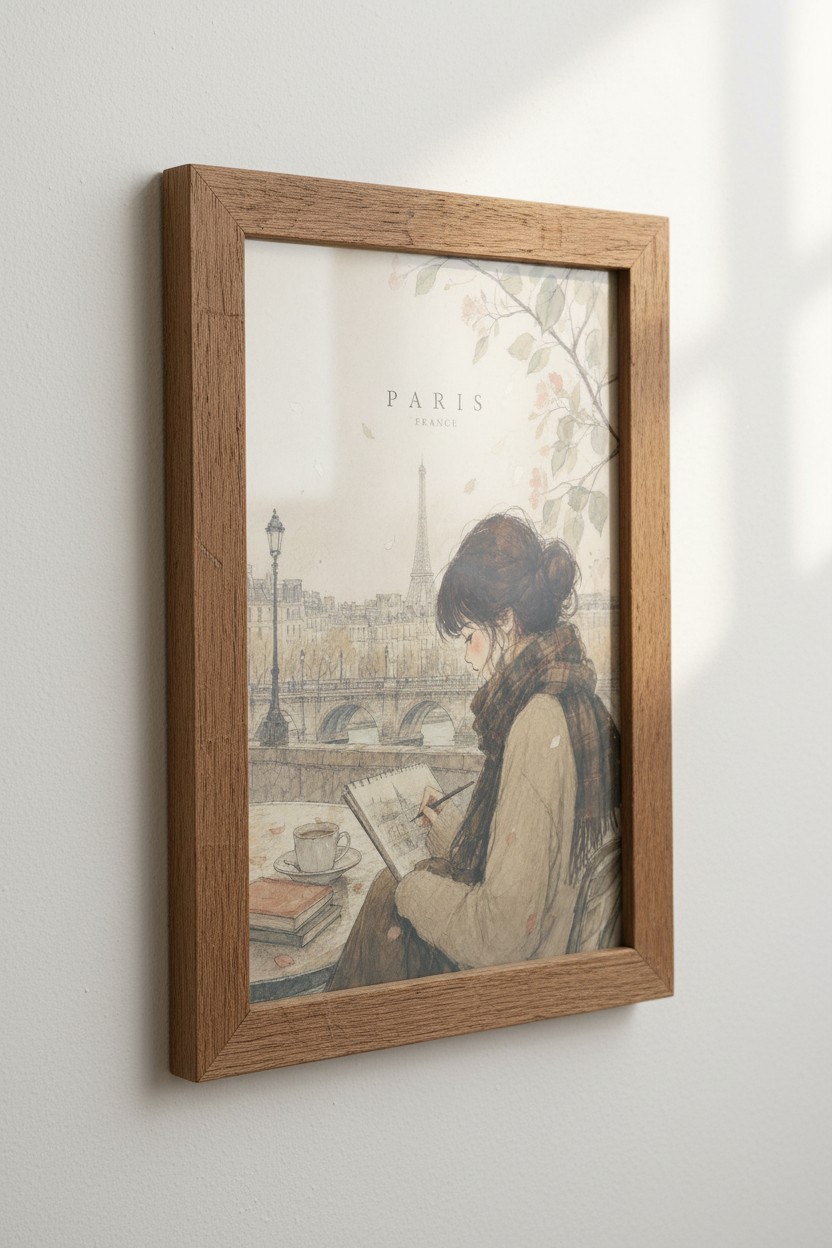 Paris Sketching Girl Wall Art Print | Bedroom Decor | Vintage Watercolor Poster