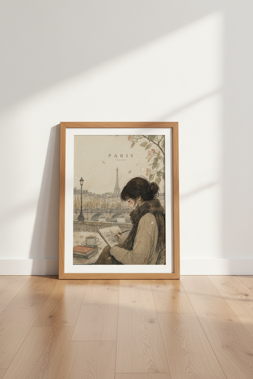 Paris Sketching Girl Wall Art Print | Bedroom Decor | Vintage Watercolor Poster