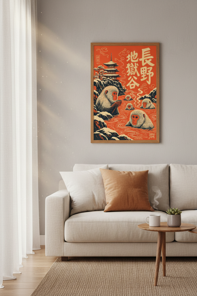 Japanese Snow Monkey Wall Art | Macaque Hot Spring Poster, Zen Asian Home Decor
