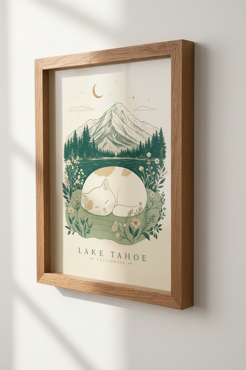 Lake Tahoe Sleeping Cat Wall Art | Mountain Nature Print | Vintage Boho Poster