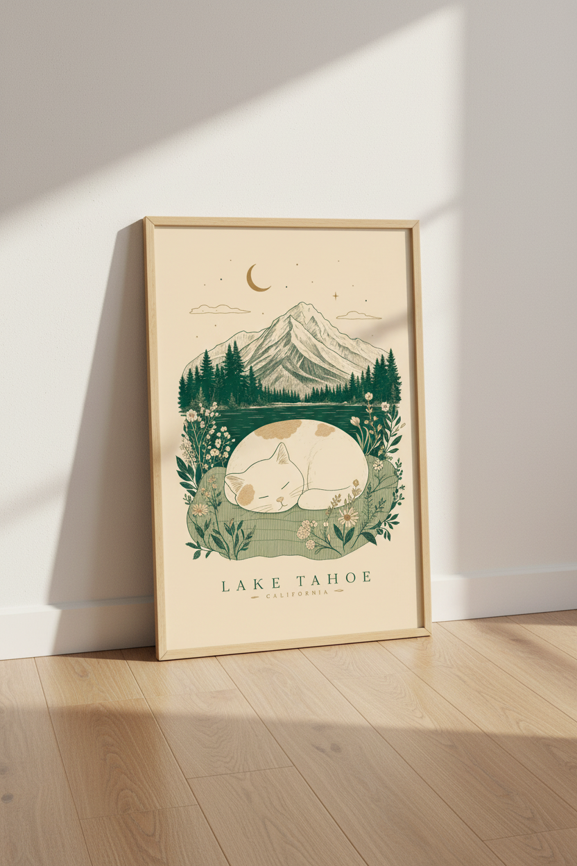 Lake Tahoe Sleeping Cat Wall Art | Mountain Nature Print | Vintage Boho Poster