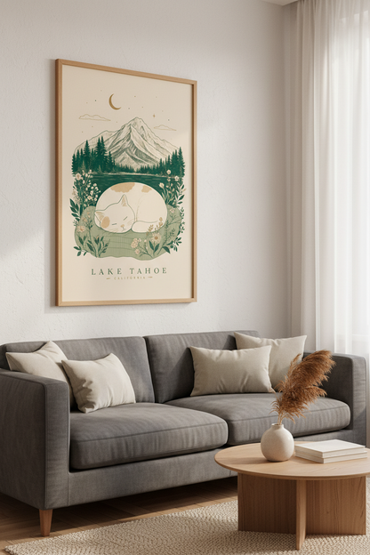 Lake Tahoe Sleeping Cat Wall Art | Mountain Nature Print | Vintage Boho Poster