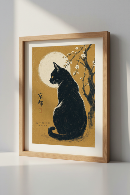 Japanese Black Cat Wall Art | Kyoto Moon Poster, Zen Home Decor