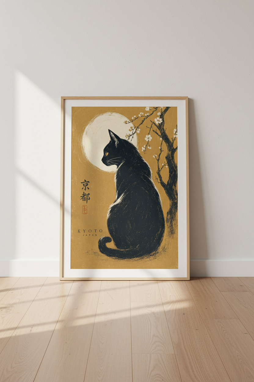 Japanese Black Cat Wall Art | Kyoto Moon Poster, Zen Home Decor