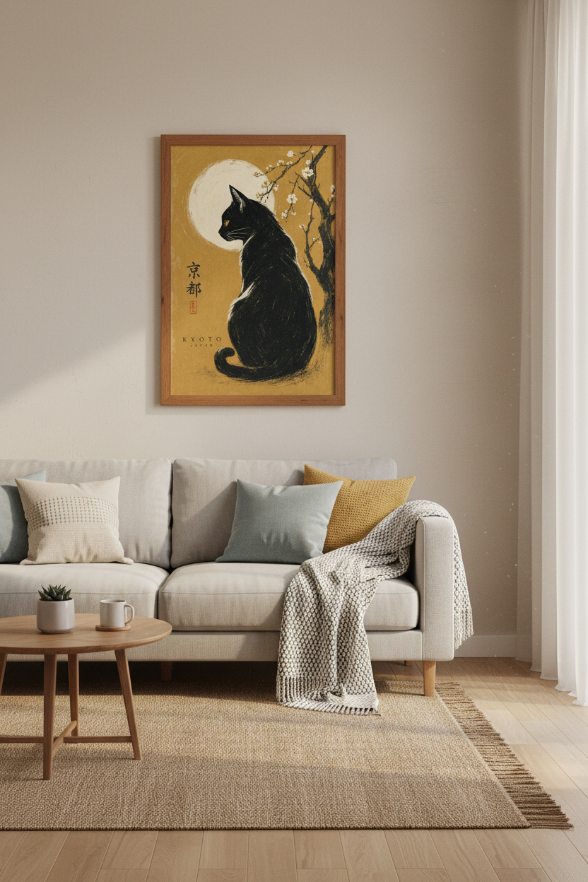 Japanese Black Cat Wall Art | Kyoto Moon Poster, Zen Home Decor