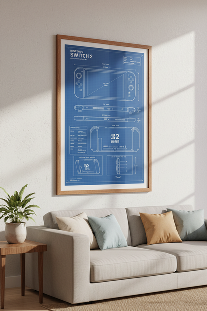 Nintendo Switch 2 Blueprint Art | Gaming Console Poster, Game Room Decor