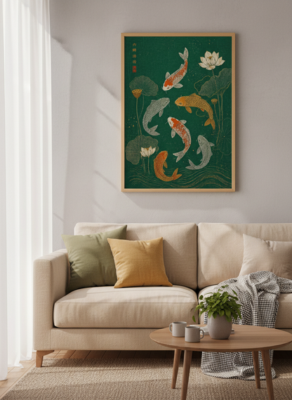 Koi Fish Pond Wall Art | Emerald Green Japanese Style Print, Zen Living Room Decor
