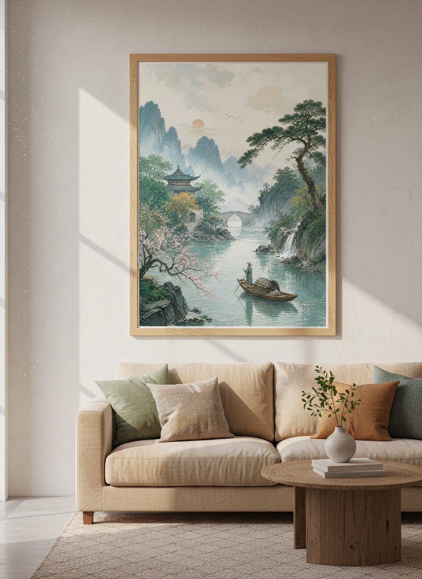 Japanese Landscape River Wall Art | Zen Mountain Pagoda Print, Home Office Decor