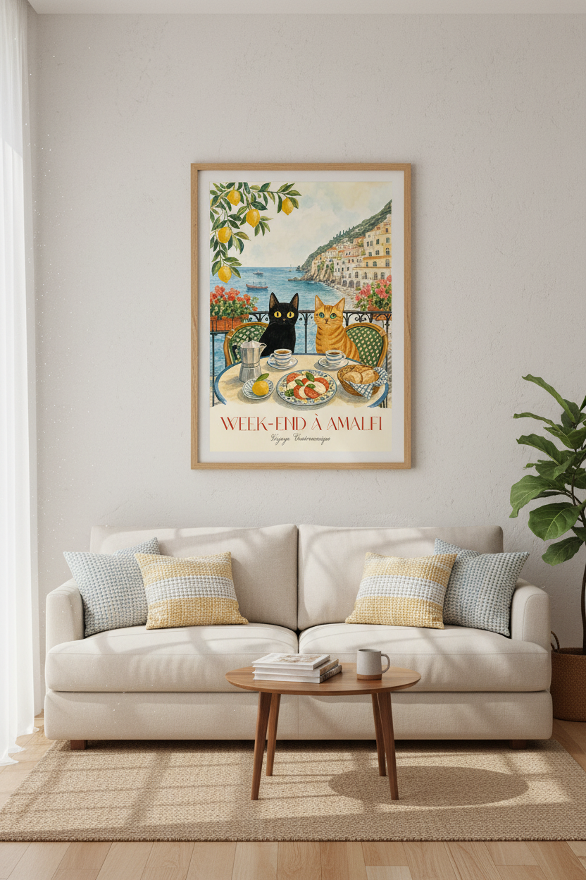 Amalfi Coast Cats Art Print | Italian Travel Poster | Whimsical Kitchen Decor