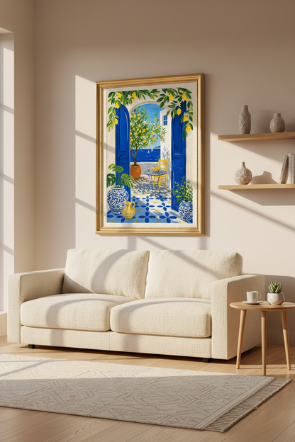 Mediterranean wall art | Lemon Terrace Blue Yellow, Kitchen Decor