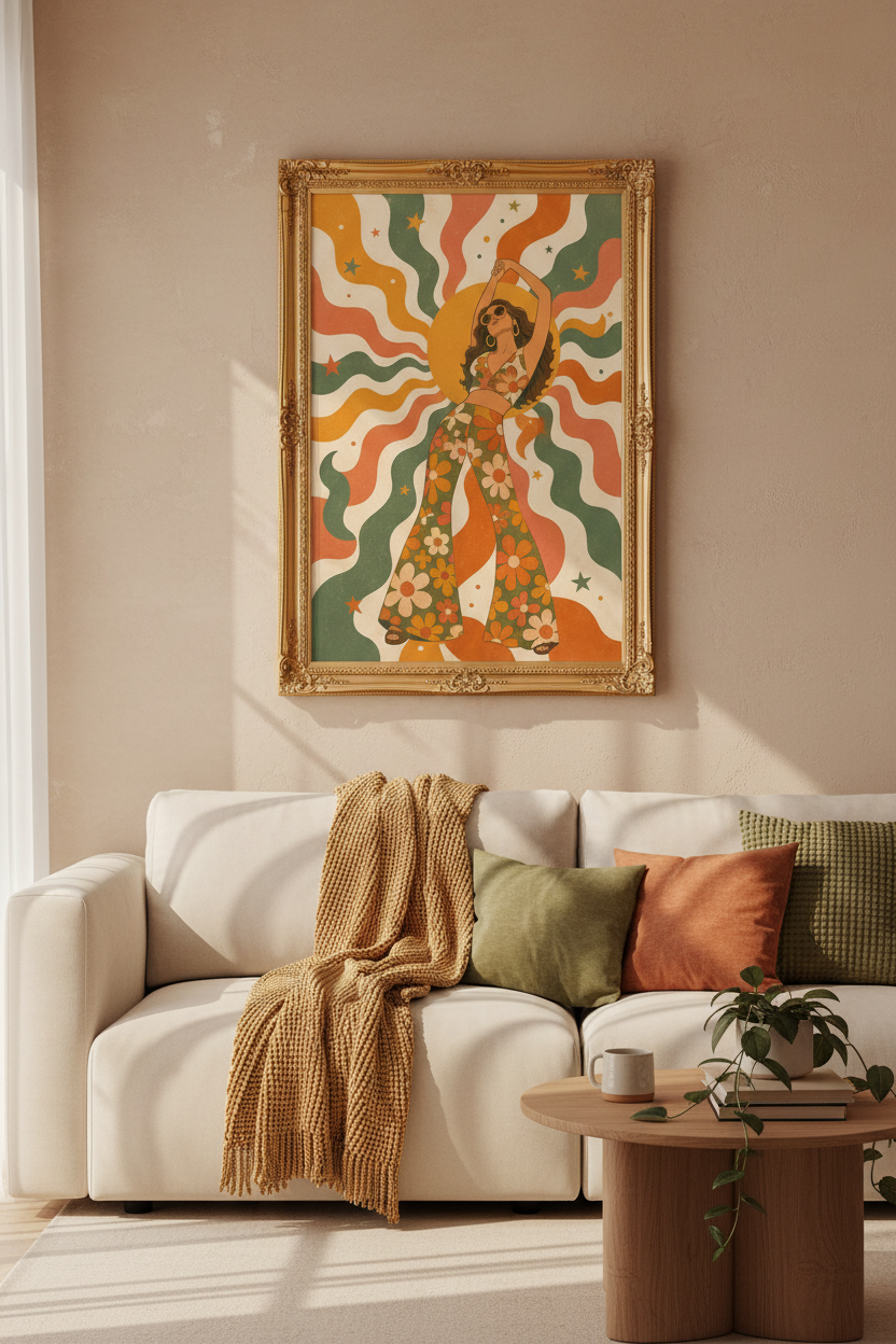 retro 70s wall art | groovy floral boho, living room decor