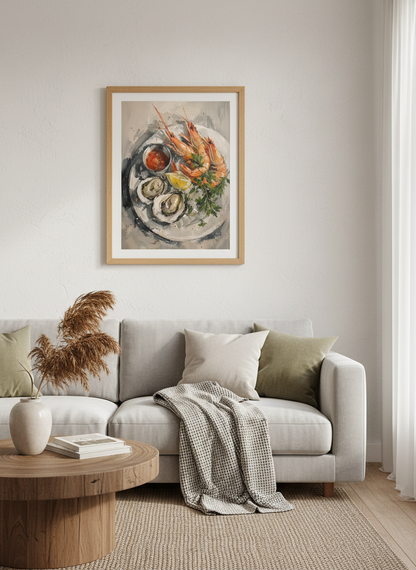 Seafood Platter Painting | Impasto Oysters &amp; Prawns, Kitchen Wall Art Print