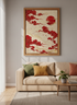 Japanese Red Sun Cloud Wall Art | Zen Living Room Decor | Red & Gold Aesthetic Poster