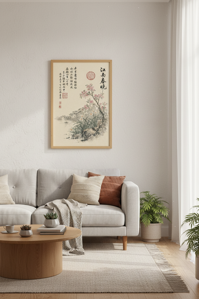 Chinese Landscape Ink Painting | Pink Floral &amp; Calligraphy, Asian Zen Decor