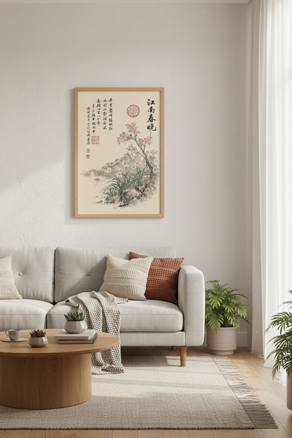 Chinese Landscape Ink Painting | Pink Floral &amp; Calligraphy, Asian Zen Decor
