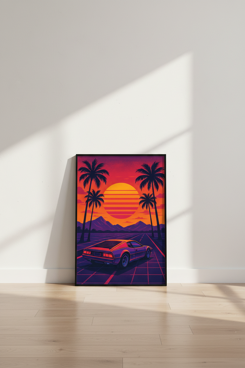 Retrowave Car Wall Art Print | Synthwave Palm Tree Sunset Poster | 80s Aesthetic Home Decor | Vaporwave Gift | Miami Vice