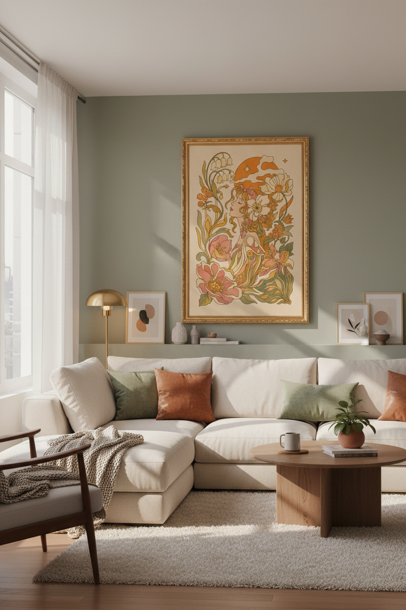 art nouveau poster | floral portrait, warm terracotta bedroom decor