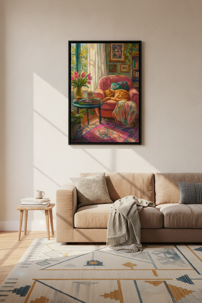 Cozy Cat Wall Art | Impressionist Floral Pink Living Room Decor