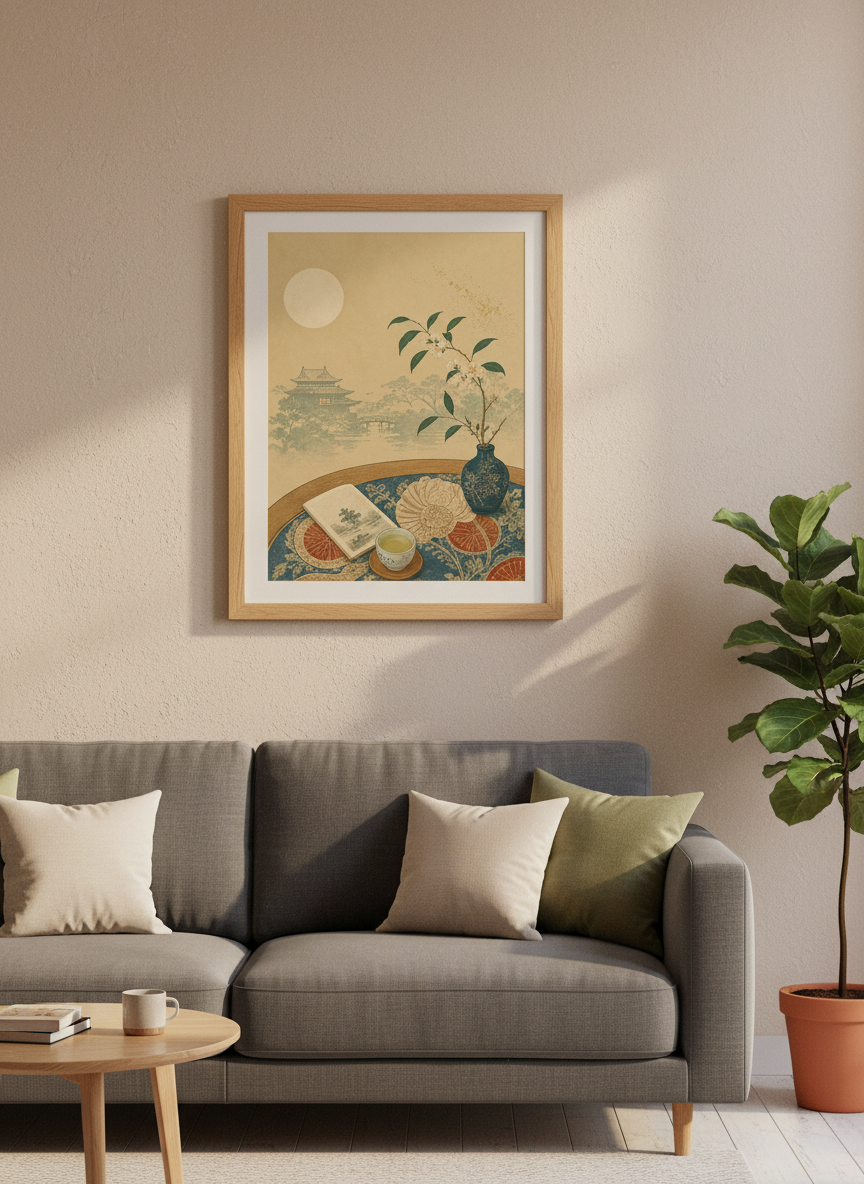 Japanese Tea Garden Wall Art | Vintage Pagoda Landscape, Zen Home Decor Poster