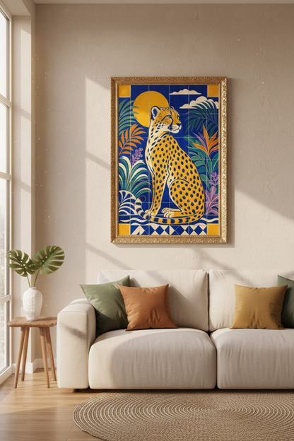 cheetah wall art | Tile-Style Tropical Blue &amp; Gold, Living Room