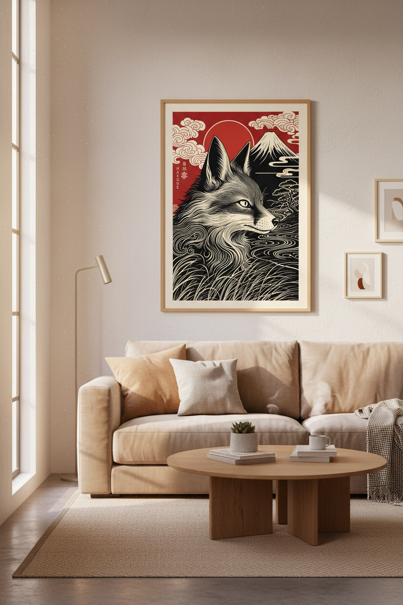 Japanese Kitsune Fox Wall Art | Hakone Mount Fuji Poster, Red &amp; Black Zen Decor