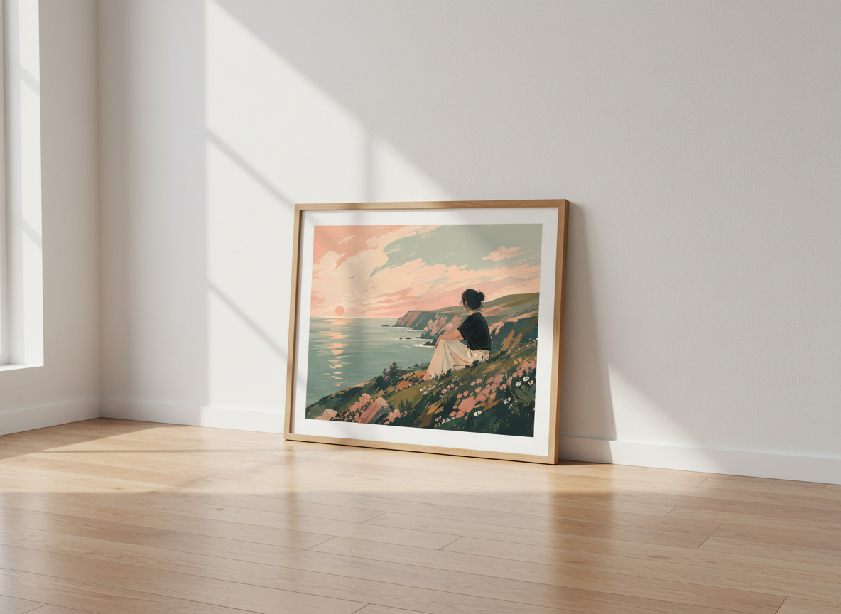 Coastal Landscape Wall Art Print | Boho Chic Room Decor | Serene Ocean Sunset Poster | Woman Overlooking Cliffs | Minimalist Aesthetic