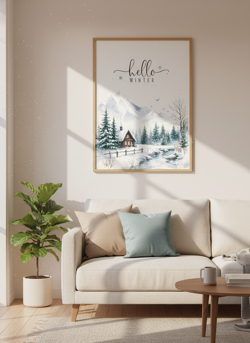 Hello Winter Cabin Art | Cozy Snowy Landscape Print | Rustic Christmas Decor