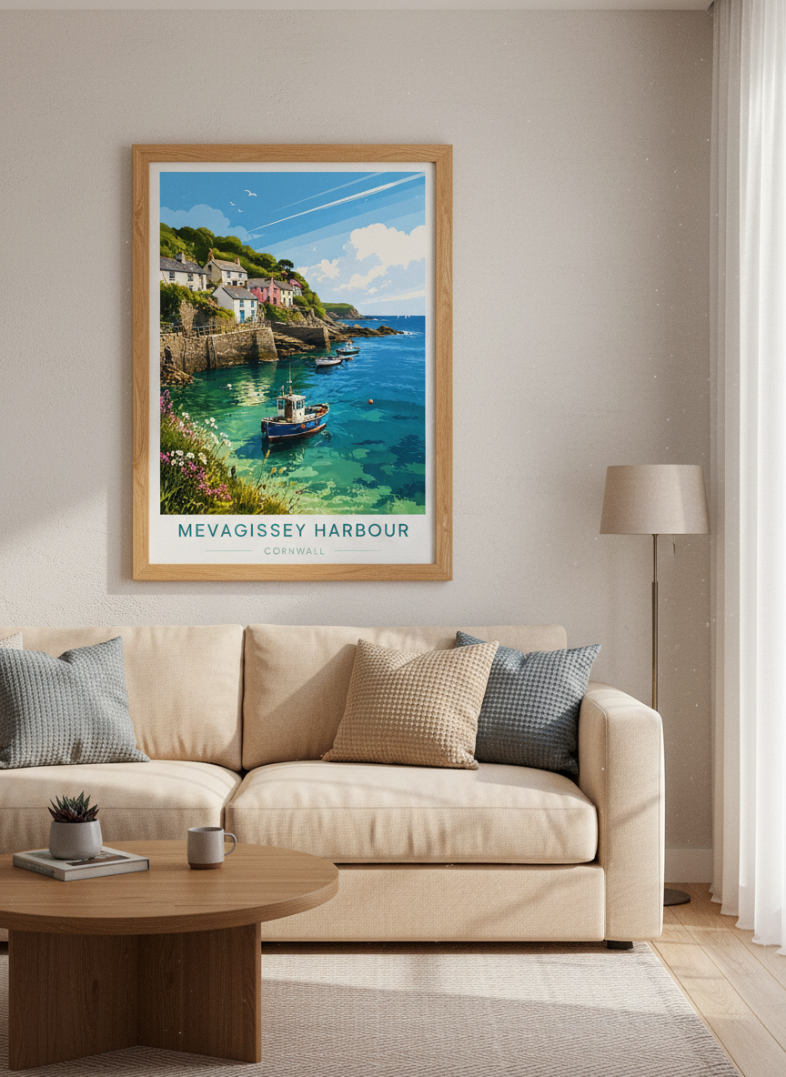 Mevagissey Harbour Cornwall Travel Poster | Seaside Wall Art | Coastal Decor