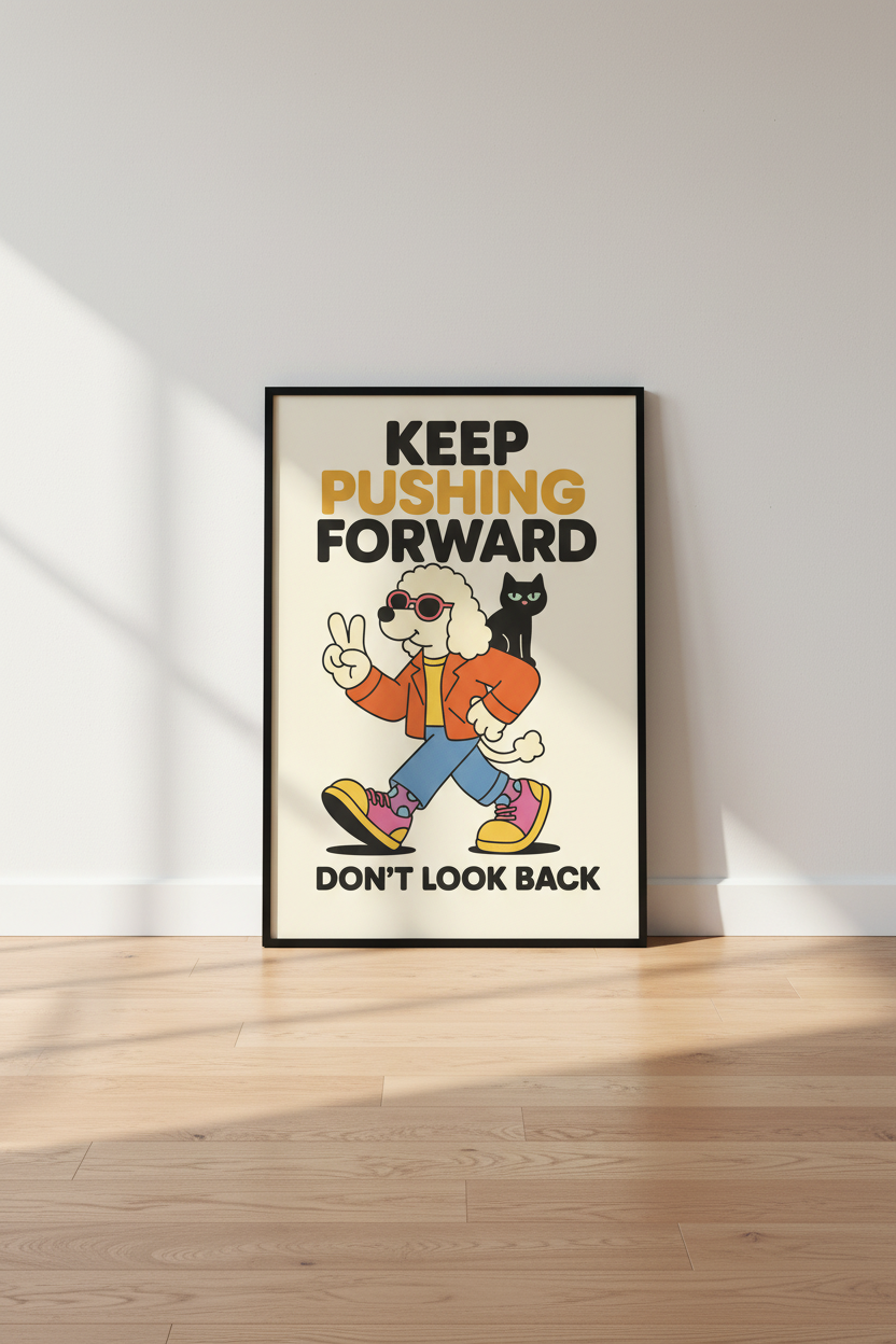 Retro Cartoon Dog Cat Wall Art Print | Motivational Office Decor | Mid Century Modern Poster | Keep Pushing Forward Quote