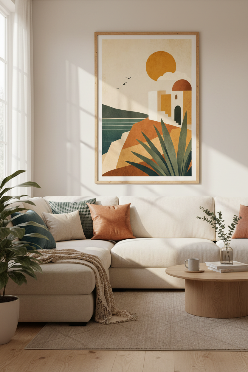 Mediterranean Coastal Wall Art | Abstract Terracotta Landscape, Boho Living Room Decor