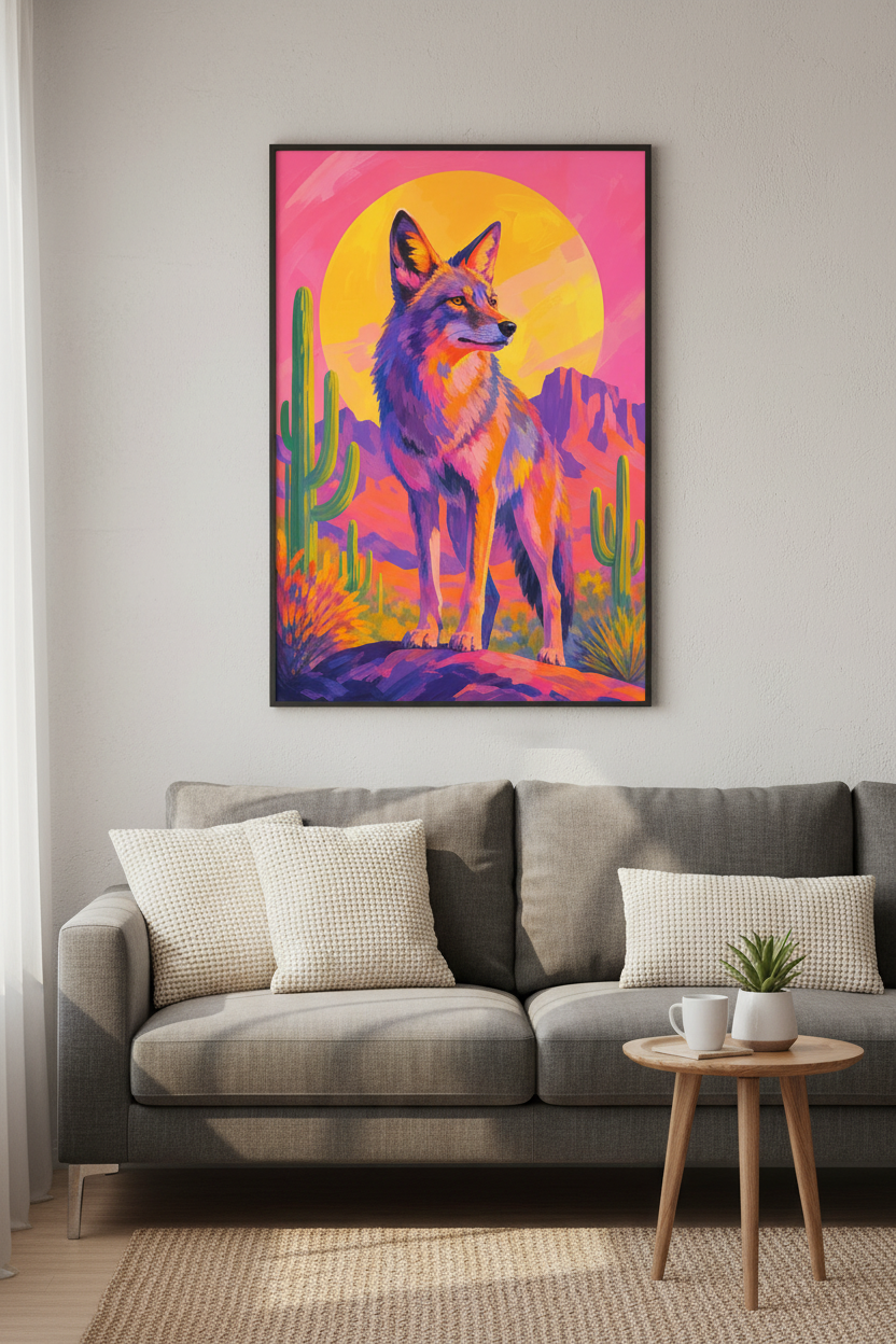 Neon Coyote Poster | Vibrant Desert Accent, Living Room