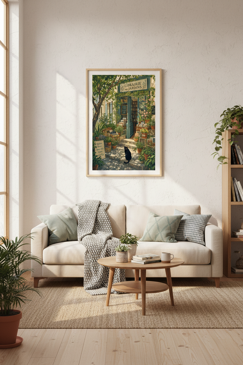 French Bookstore Wall Art Print | Parisian Cat Decor | Vintage Botanical Poster