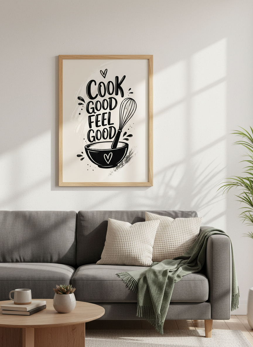 Kitchen Quote Art | "Cook Good Feel Good" Whisk Bowl Print, Bakery Decor