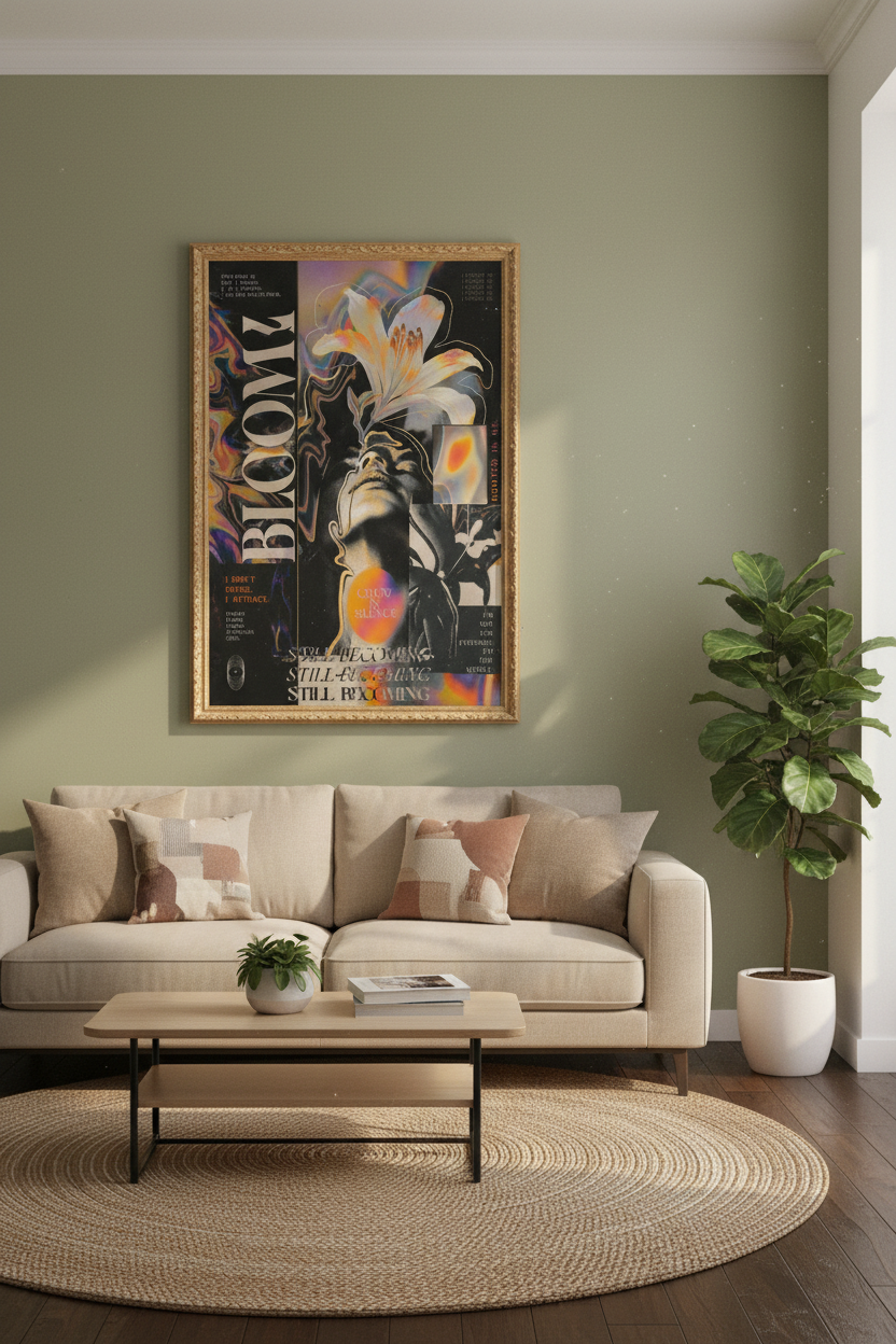 floral collage print | modern boho black gold livingroom decor