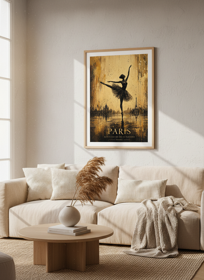 Paris Ballerina Wall Art | Gold Black Dancer Print, Eiffel Tower Poster