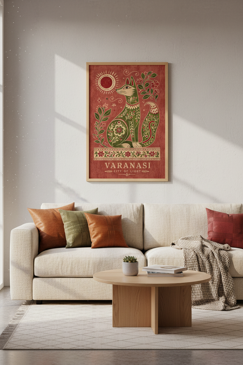 Folk Art Varanasi Fox Wall Art | Terracotta Boho Decor | India Travel Poster