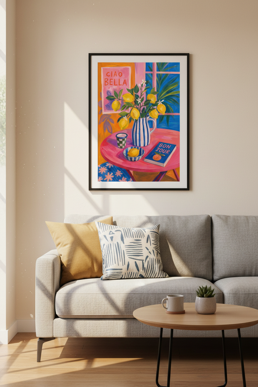 lemon wall art print | Colorful Mediterranean citrus, kitchen decor