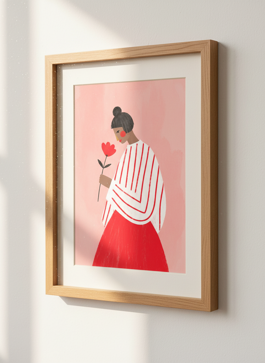 Minimalist Woman with Flower Wall Art Print | Boho Bedroom Decor | Red and Pink Aesthetic Poster | Empowering Female Art