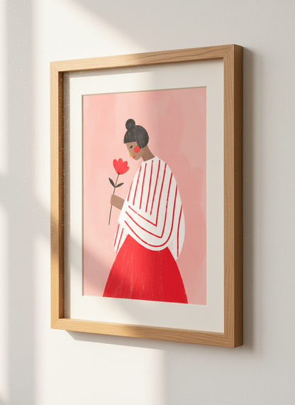 Minimalist Woman with Flower Wall Art Print | Boho Bedroom Decor | Red and Pink Aesthetic Poster | Empowering Female Art
