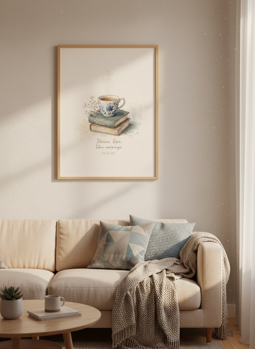 Watercolor Book &amp; Teacup Wall Art | Cozy Reading Nook Decor | Light Academia Poster